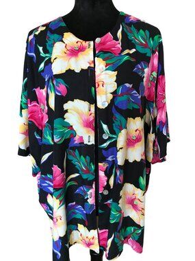 Kathie Lee Tunic Blouse, VTG 90s Plus Size Black Multicolor Floral Rayon Top 26W